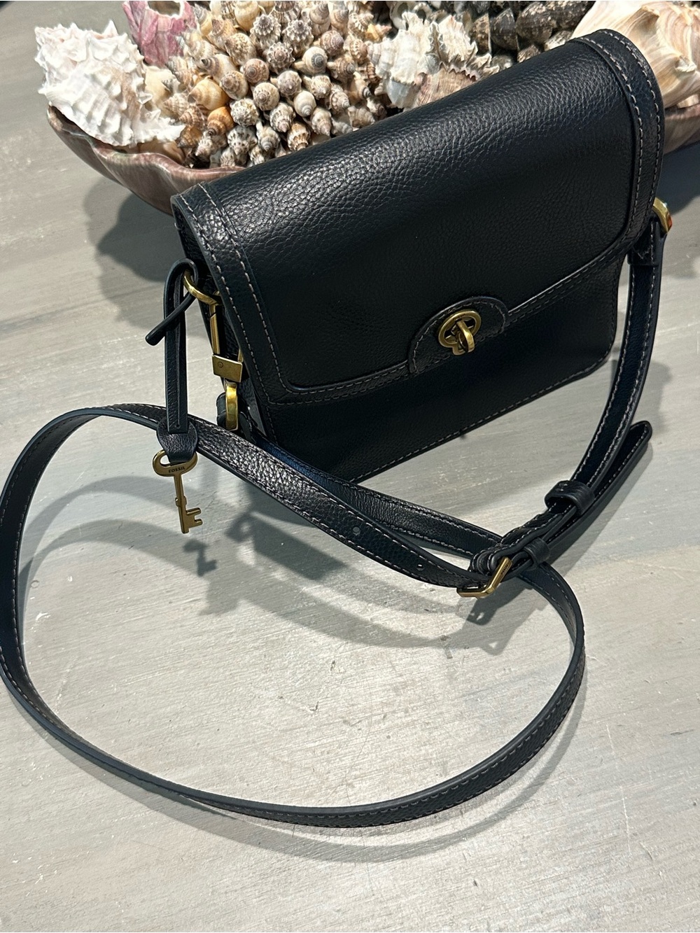 Fossil Black Leather Bag, Removable/Adjustable Crossbody Strap, Antique Brass